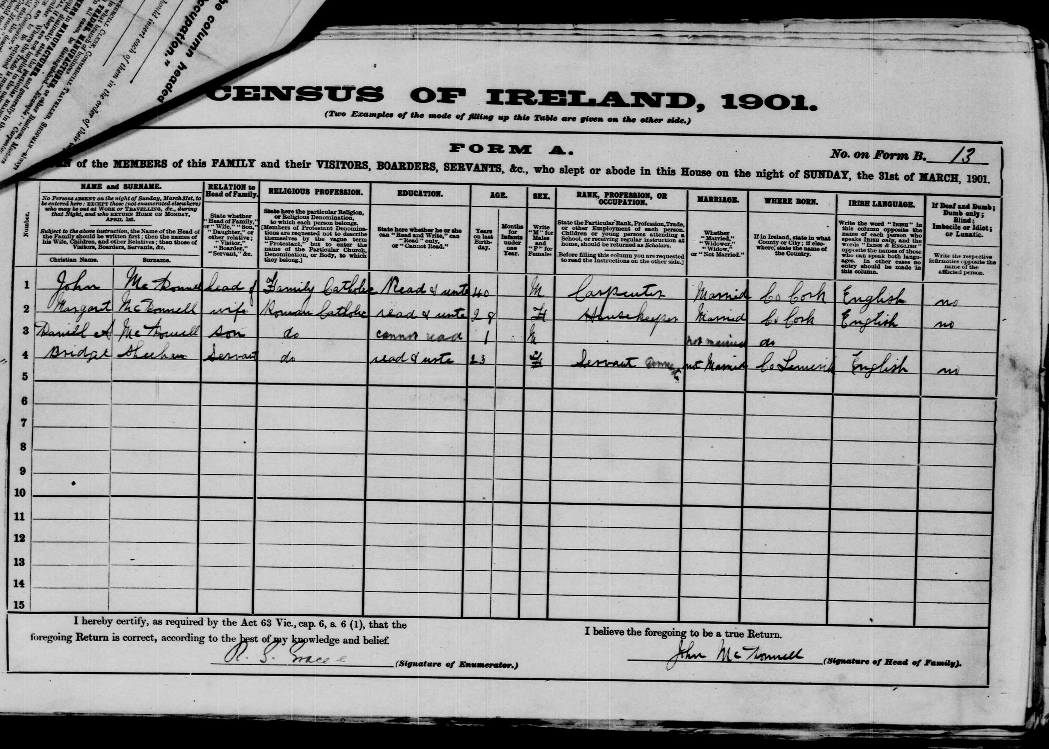1901 Census of Ireland Form A household return for the McDonnell family of County Cork